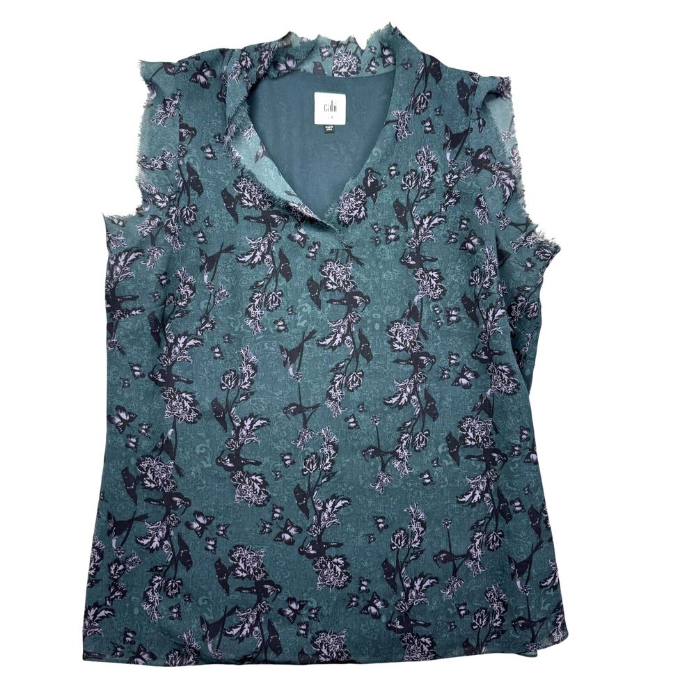 Cabi Tank Top Women's Medium Green Sleeveless Frayed Lightweight Top Boho Floral